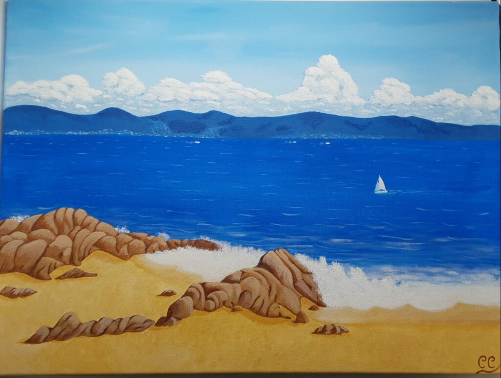 tableau baie Ajaccio mer sable acrylique