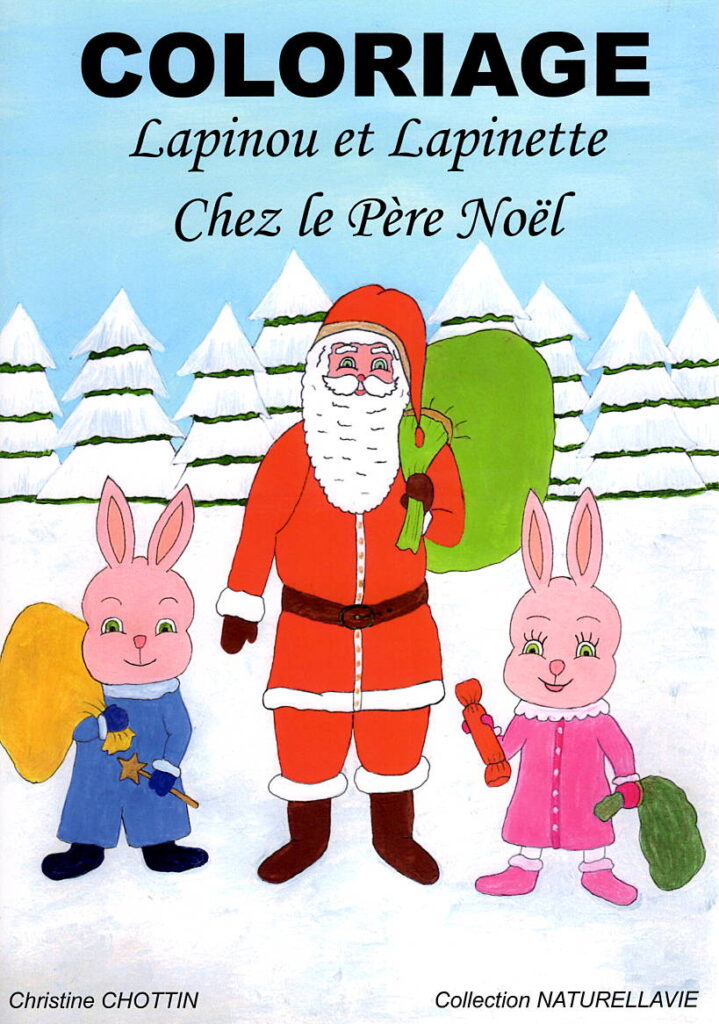 lapinou Lapinette noel album coloriage enfant jeunesse courrier lettre renne lutin jouet jeu cadeau sapin chariot cheminée friandise